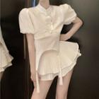 Puff-sleeve Frog-button Cropped Blouse / Mini Tiered Skirt