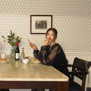 Balloon-sleeve Tulle Blouse