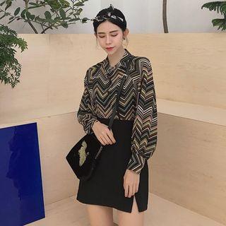 Patterend Loose-fit Long-sleeve Blouse