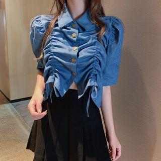 Denim Short-sleeve Drawstring Cropped Blouse