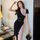 Short-sleeve V-neck Two-tone Dress