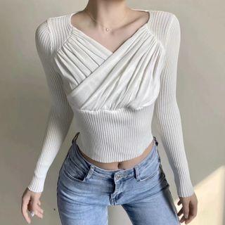 Long-sleeve V-neck Shirred Knit Crop Top