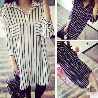 Striped 3/4 Sleeve Long Chiffon Shirt