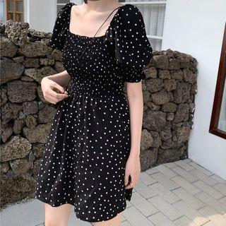Dotted Short-sleeve Mini A-line Dress Dot - Black - One Size