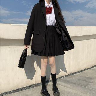 Single-breasted Blazer / Tie-neck Shirt / Mini A-line Pleated Skirt