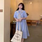 Short-sleeve Midi Shirt Dress / Striped Shawl