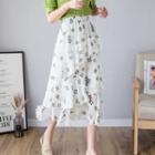 Floral Print Layered Midi A-line Skirt Green - One Size