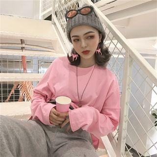 Plain Round Neck Long-sleeve Loose-fit Top / Plain Elastic-waist Wide-leg Pants