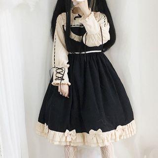 Long-sleeve Frill Trim Lace-up A-line Dress