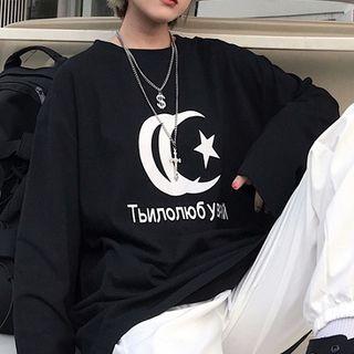 Long-sleeve Crescent Print T-shirt Black - One Size