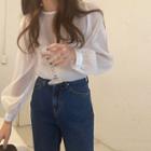 Plain Crewneck Puff-sleeve Sheer Top