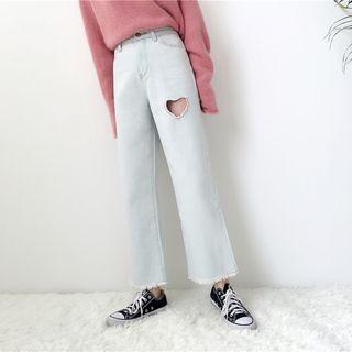 Heart Cut Out Fray Hem Wide Leg Jeans