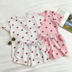 Set:printed Crewneck Short-sleeve T-shirt + High-waist Lace-up Shorts