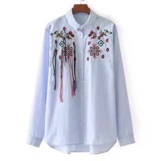 Floral Embroidered Long-sleeved Open-front Striped Fringed Blouse