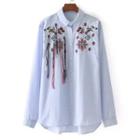 Floral Embroidered Long-sleeved Open-front Striped Fringed Blouse