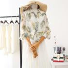 Long-sleeve Leaf Print Chiffon Blouse Green - One Size