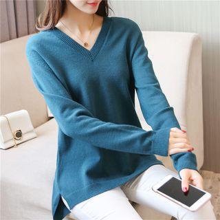 Plain V-neck Hooded Sweater