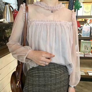 Frill Trim Long-sleeve Mesh Top