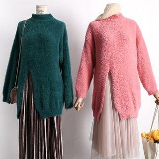 Slit-front Furry-knit Sweater