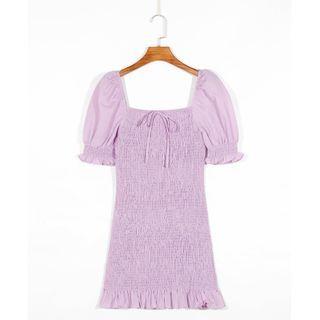 Puff-sleeve Crinkle Mini Sheath Dress