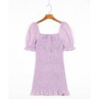 Puff-sleeve Crinkle Mini Sheath Dress