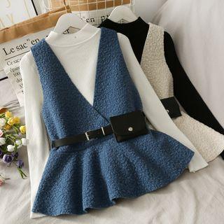 Set: Mock-neck Knit Top + Wrapped Fleece Vest With Belt