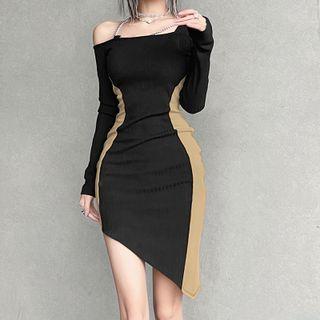 Long-sleeve Two-tone Asymmetrical Sheath Dress