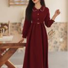 Long-sleeve Peter Pan Collar Beaded Midi A-line Dress