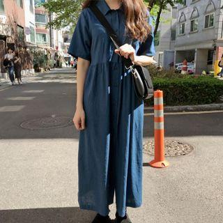 Short-sleeve Midi A-line Dress Blue - One Size