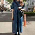 Short-sleeve Midi A-line Dress Blue - One Size