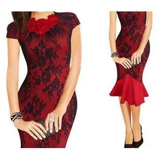 Corsage Cap-sleeve Lace Sheath Dress