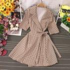 Short-sleeve Gingham Tie-waist Mini A-line Dress