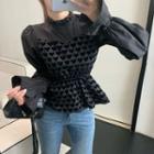 Long-sleeve Mock-neck Heart Print Peplum Top Black - One Size