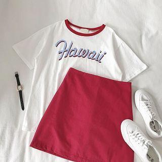 Set:lettering Print Crewneck Short-sleeve Top + Plain High-waist Skirt