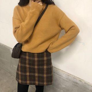Woolen Plaid A-line Skirt
