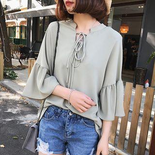 Lace-up 3/4-sleeve Chiffon Top