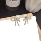Rhinestone Ribbon Stud Earring 1 Pair - Silver Pin - Gold - One Size
