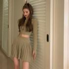 Ribbed Crop Knit Top / Accordion Pleat Mini A-line Skirt