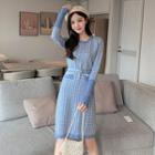 Houndstooth Long-sleeve Knit Sheath Dress