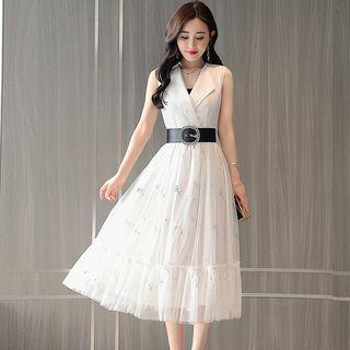 V-neck Midi Sleeveless A-line Dress
