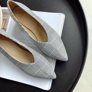 Plaid Pointy-toe Block Heel Pumps