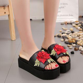 Flower Embroidered Platform Wedge Slide Sandals