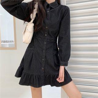 Ruffle Hem Denim Mini A-line Shirtdress