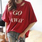 Slit-neckline Lettering Boxy T-shirt