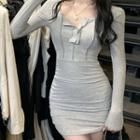 Long-sleeve Plain Slim Fit Ruched Bodycon Dress