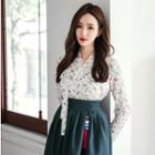 Modern Hanbok Set: Long-sleeve Top (floral) + Midi Skirt (charcoal Gray)