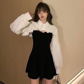 Ruffle Crop Shirt / Spaghetti Strap Mini Sheath Dress