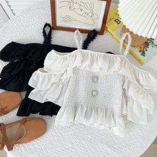 Off-shoulder Ruffled-trim Smocked Crop Top