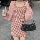 Set: Puff-sleeve Cardigan + Spaghetti Strap Plaid Dress Set Of 2 - Cardigan & Strap Plaid Dress - Pink - One Size