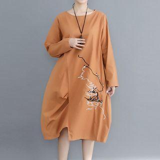 Long-sleeve Embroidered Midi Asymmetric Dress